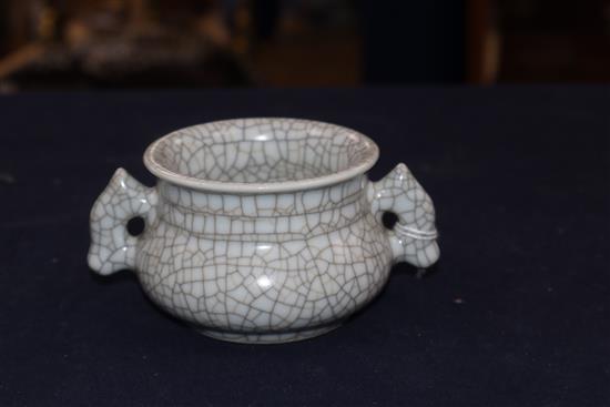 A small two handled crackleware Chinese censer height 6cm